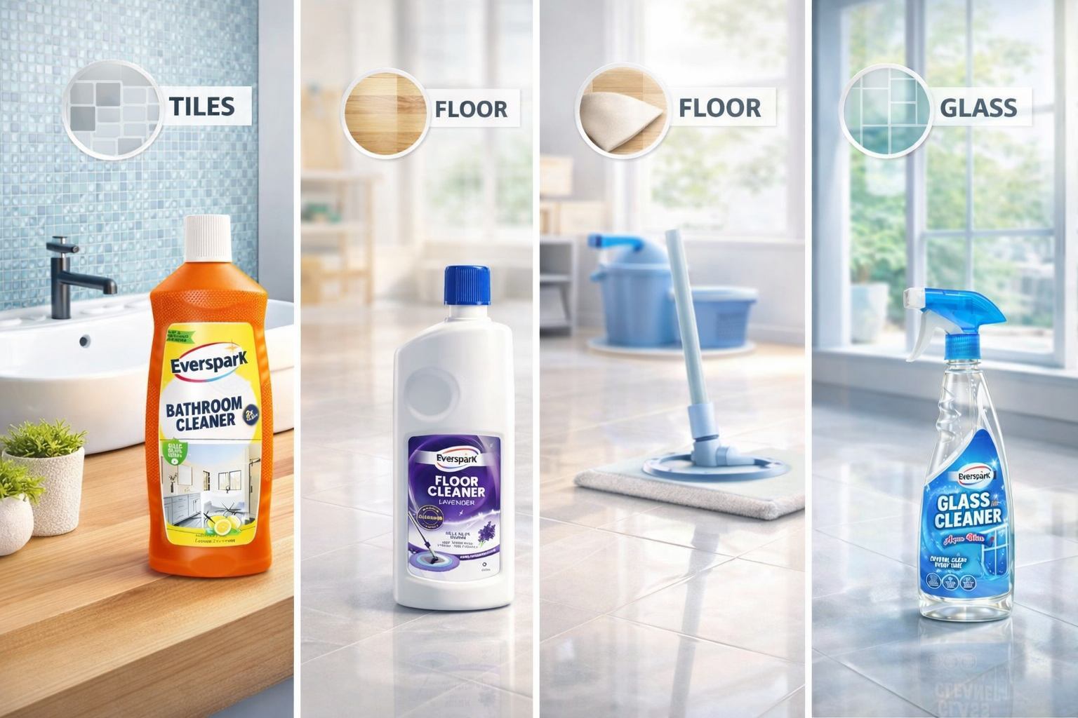 Everspark household cleaning products for tiles, floor and glass cleaning